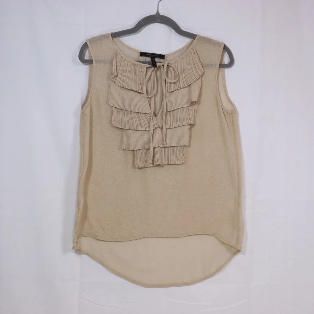 BCBGMAXAZRIA Ruffle Tiered Tank Top S Beige Womens Sleeveless High Low Blouse